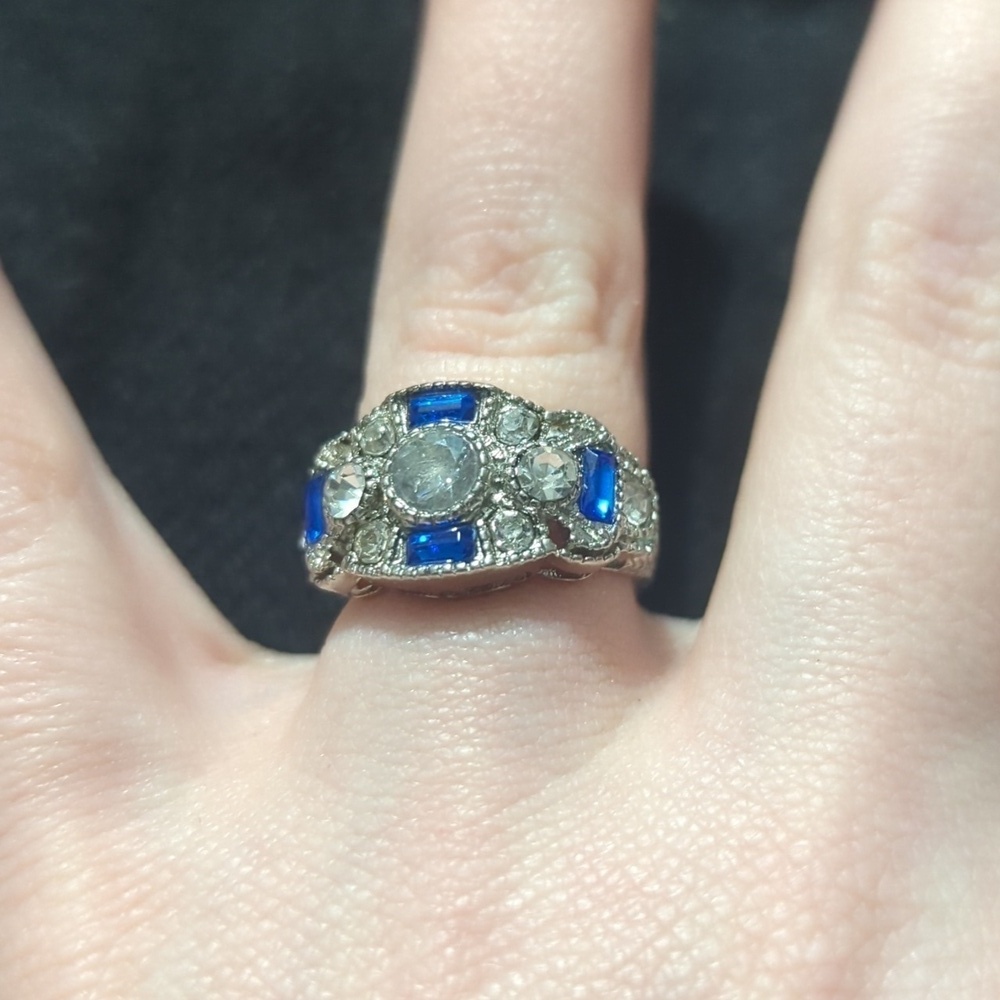 Vintage Silver Tone Art Deco Style Blue and Clear Rhinestone Statement Ring - 6
